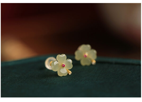 Four-leaf clover and Hetian white jade earrings, jade flower earrings- Open in Live